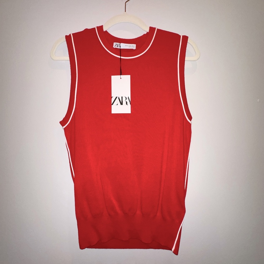ZARA Red Knit Sweater with Contrast White Piping